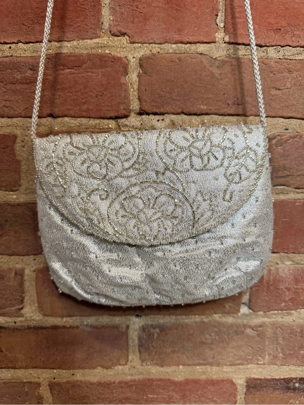 La Regale Ivory Lace Crossbody Bag Silver Strap Purse Tiny Small Sparkly